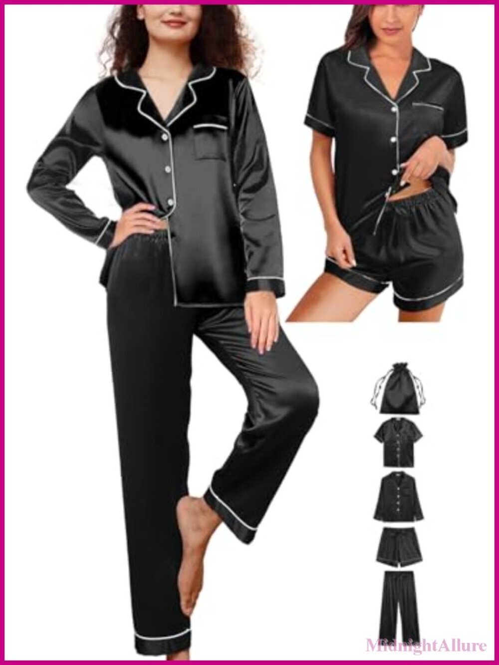 5pcs Women's Silky Satin Pajama Set with Pouch Bag, Button Down Sleepwear